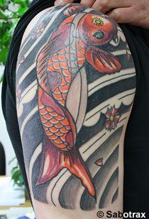 Cute Right Half Sleeve Carp Fish Tattoo
